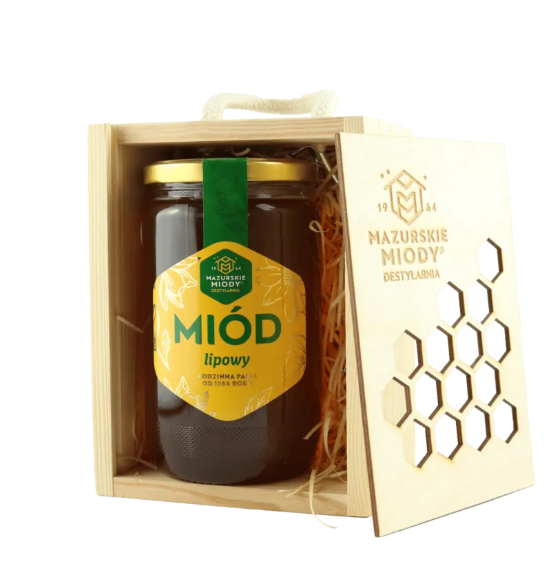 Miód lipowy w drewnianej skrzynce
