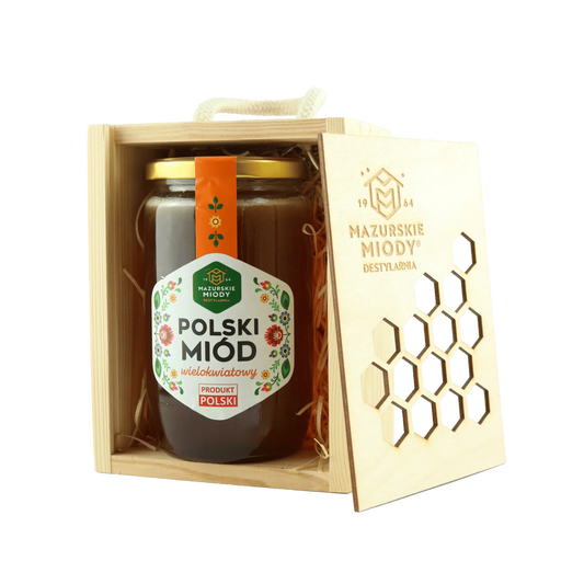 Miód polski wielokwiatowy w drewnianej skrzynce
