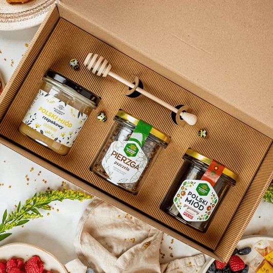 Zestaw prezentowy 2 Miody 400g i Pierzga 200 g