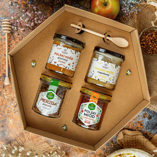 Zestaw prezentowy 3 Miody 400g i Pierzga 200 g