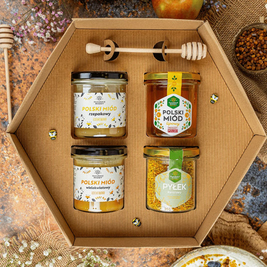 Zestaw prezentowy 3 Miody 400g i Pyłek kwiatowy 200 g