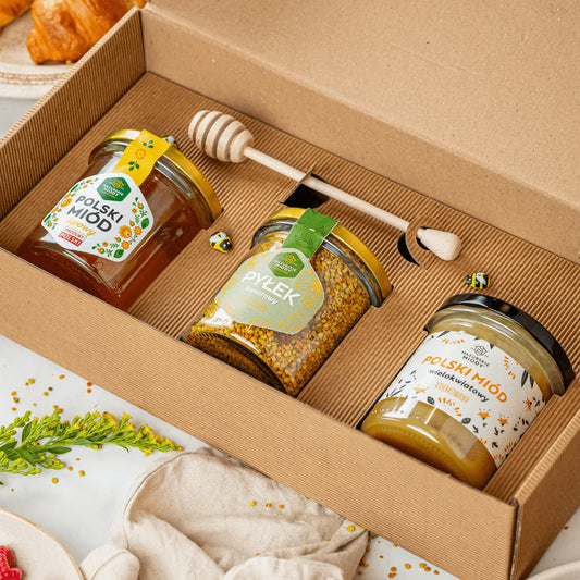 Zestaw prezentowy 2 Miody 400g i Pyłek Pszczeli 200 g